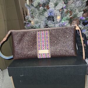 Brown Designer Clutch with Multicolor Strap